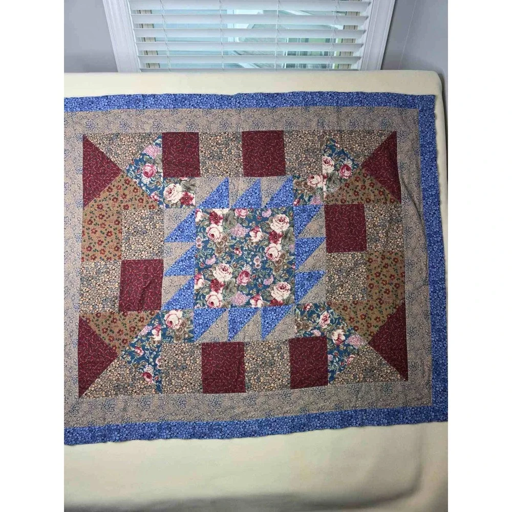 Vintage Handmade Patchwork Floral Quilt Blue Burgundy Cottagecore Throw 46x38